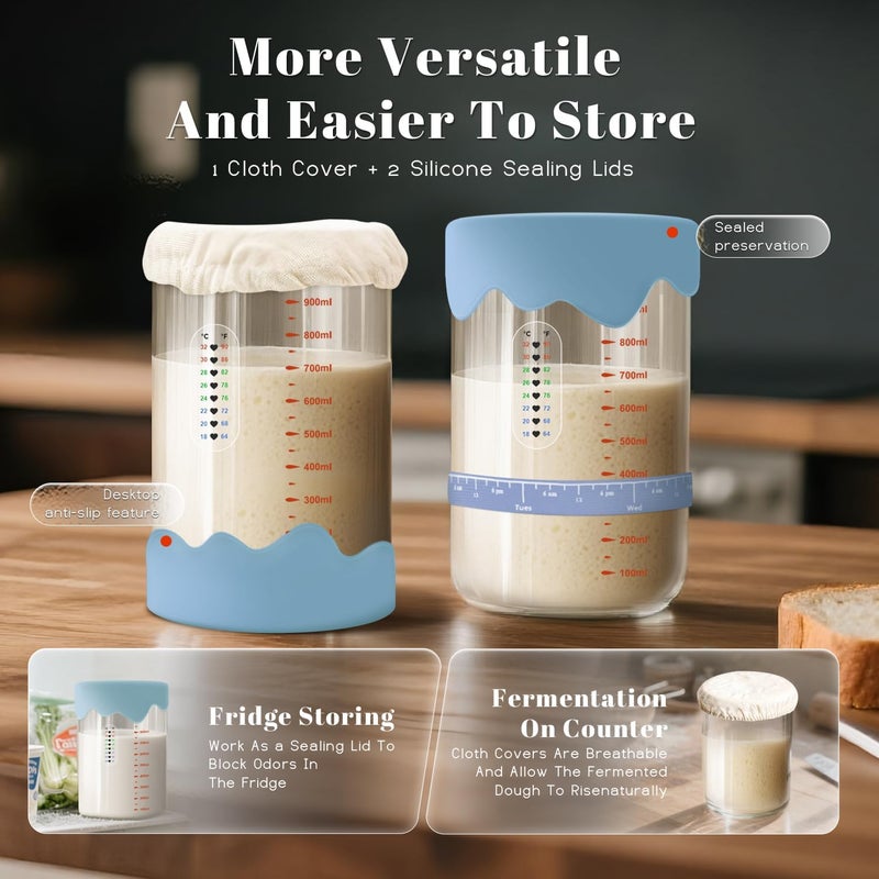 Solisifime Pro Sourdough Starter 10-In-1 Kit – 34 Oz Glass Jar With Lid, Cloth Cover, Date Band, Brush, Temp Strip, Silicone Spatula, Heating Mat – Sourdough Bread Baking Supplies, Glass Container, Blue - Image 4